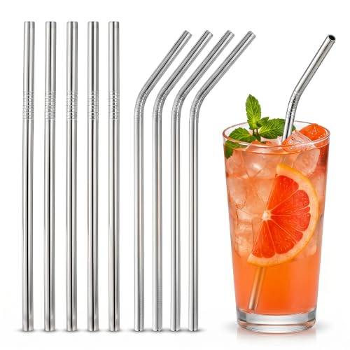 10-Pack Stainless Steel Straws Set - 5 Straight & 5 Bent, Reusable