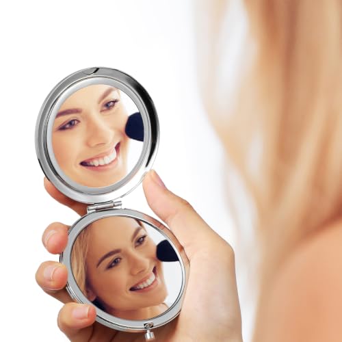 LALAFINA Silver Compact Mirror, Round Double Sided Pocket Makeup Mirror