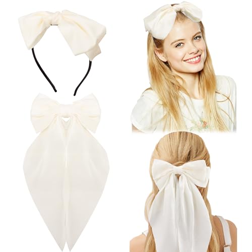 AHONEY 2 Pack White Satin Hair Bow Clips with Long Ribbons