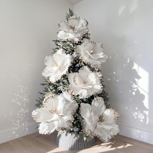 Elegant White Christmas Poinsettia Magnolia Flowers Decor - 6 Pieces Extra Large