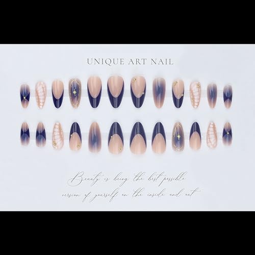 Bohemian Medium Almond Press on Nails Navy Nude Ombre False Nails Kit