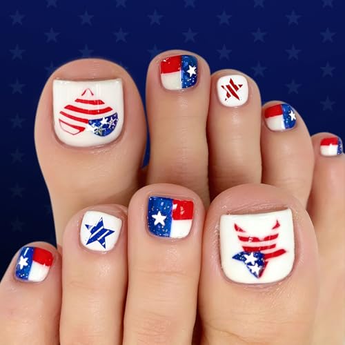Patriotic Press on Toenails Short Square Red White Blue False Toe Nails