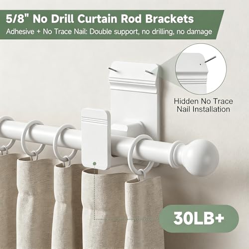 EKOTTOK No Drill Curtain Rod Brackets for 5/8" Rods - 2PC White, Heavy Duty, Damage-Free