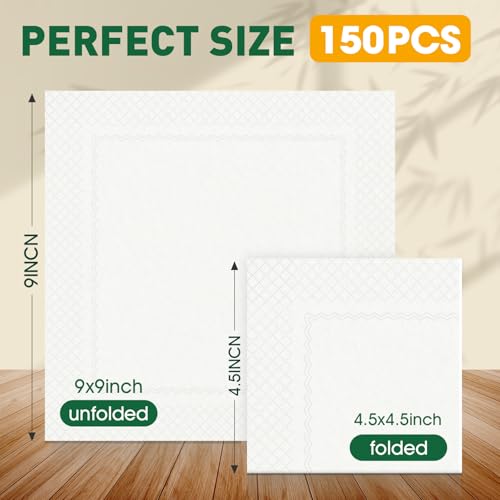 White Disposable Cocktail Napkins 150 Count - EZLYFF, 9x9 Inches, Party Bar Supplies