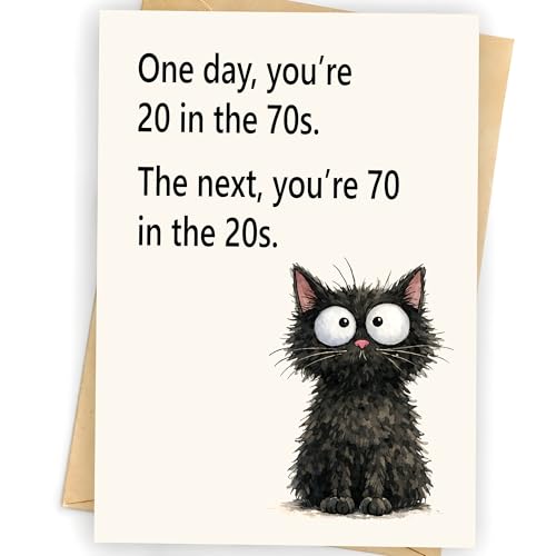 Funny 70th Birthday Card - Whimsical Black Cat Design, 5x7 Inch Greeting