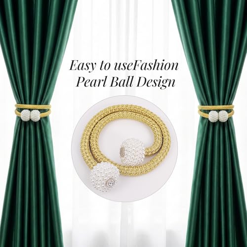 Magnetic Curtain Tiebacks 6 Pack - No Drill Heavy Duty Holdbacks with Pearl, 18.9" Gold