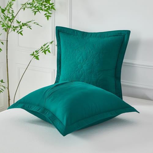 WINLIFE 100% Cotton Quilted Euro Sham Covers, 26" x 26" Square, Emerald Green, 2-Pack
