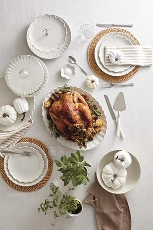 Lenox Serveware, Lenox French Perle Carved Turkey Platter, Scalloped, Oval, 18-Inch, Stoneware, Dishwasher Safe, Turkey Platter for Thanksgiving, Winter Hosting, Christmas Serving (White, 1 Piece)
