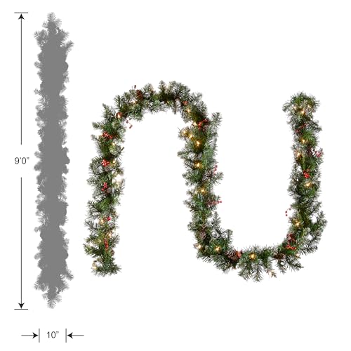 Pre-Lit Artificial Christmas Garland 9 Feet Glittery Mountain Spruce with Pine Cones & Berry Clusters - Indoor Outdoor Decor