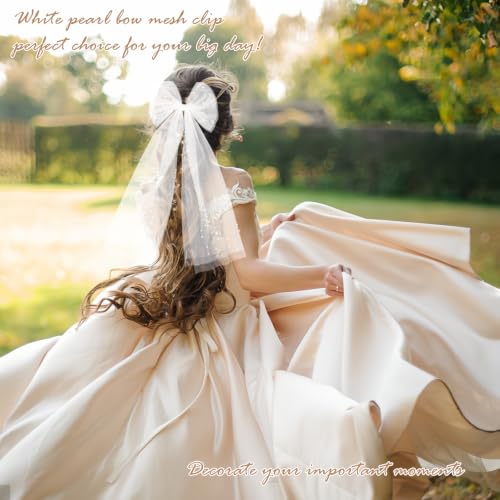 GAFATORY Pearl Hair Bow with Veil - White Bridal Tulle Hair Clip