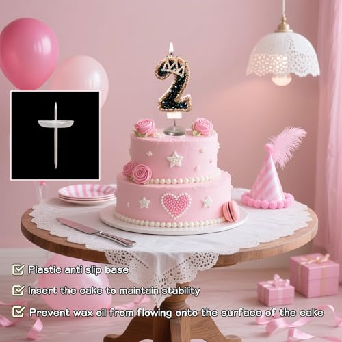 Black Gold Crown Number 2 Birthday Candle with Glitter Cake Topper