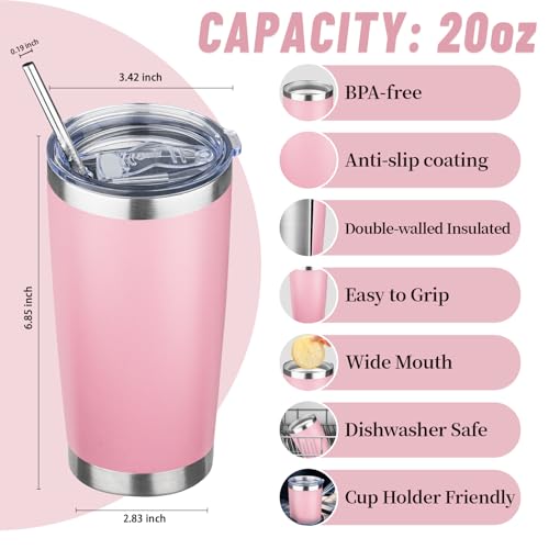 20 oz Pink Stainless Steel Insulated Tumbler with Lids & Straws