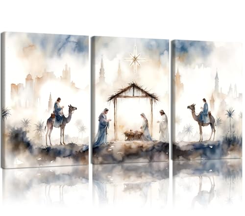 Religious Wall Art Set of 3 Nativity Scene Canvas Prints 16x24 Inches - Blue-Gray