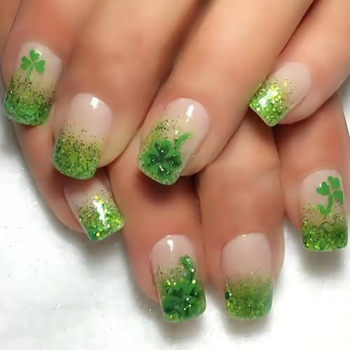 St. Patrick's Day Press on Nails Medium Square Green French Tip False Nails