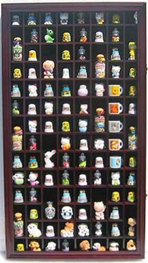100 Thimble Display Case Wall Cabinet Holder Shadow Box with Real Glass Door and Felt Interior Background-Mahogany Finish TC100-MAH