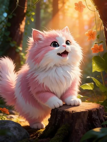 NebuIuxe 5D Diamond Painting Kit - Fluffy Pink Cat Fantasy Forest 12 x 16