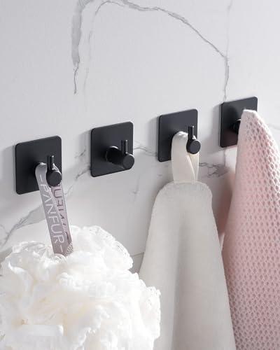 Eowihor Adhesive Hooks - 4 Pack Heavy Duty Black Stainless Steel Wall Hooks