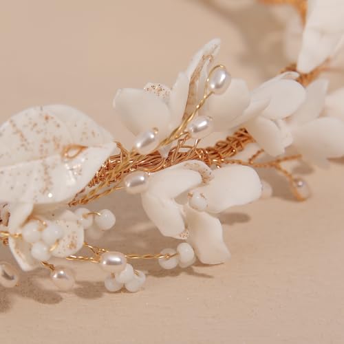 SELFCLOUD Gold Bridal Headband with Handmade Resin Flowers and Pearls