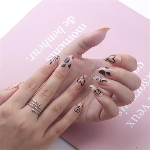 Valentines Press on Nails Medium Almond Black Heart Glossy Acrylic