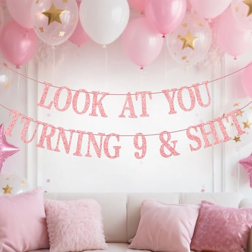 Sweet 9th Birthday Banner Pink Glitter Party Decor with Hanging Kit