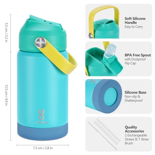 Yawbay 12 oz Stainless Steel Insulated Kids Water Bottle - Blue with Straw