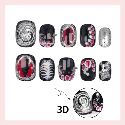 Gothic Press On Nails Short Square Black Silver Y2K False Nails 30Pcs
