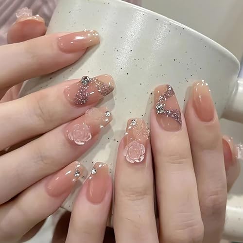 Press on Nails Medium Coffin Nude French Camellia Pearl False Nails
