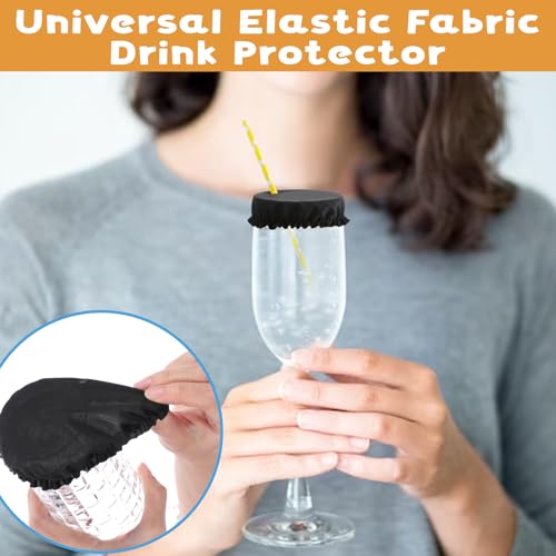 10 PCS Universal Drink Cover Scrunchies, Washable Universal Drink Protector Cap, Reusable Elastic Drink Protector with Straw Hole for Alcohol Safety Cups Glasses Polyester Cup Covers (Black)
