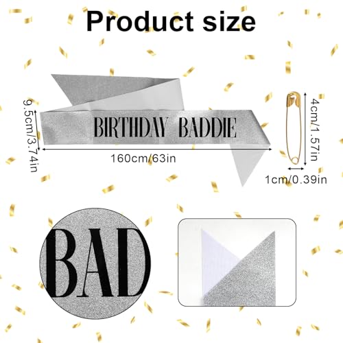 Glitter Birthday Baddie Sash with Safety Pin - Party Accessory