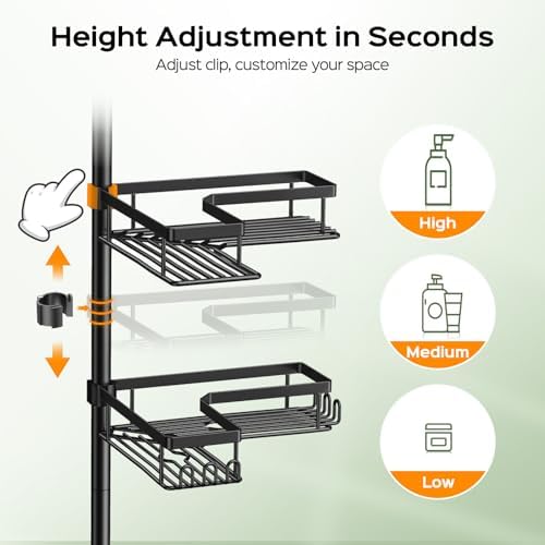 HAMITOR Shower Caddy - 4-Tier Rustproof Bathroom Organizer with Soap Holder & Hooks | Adjustable Tension Pole 47-123 Inch - Black
