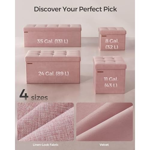 SONGMICS Small Storage Ottoman, Folding Ottoman Cube, 15 x 15 x 15 Inches, Footstool, Footrest, 11 Gal. (43 L), Velvet Surface, for Bedroom, Living Room, Dorm, Jelly Pink ULSF227R01