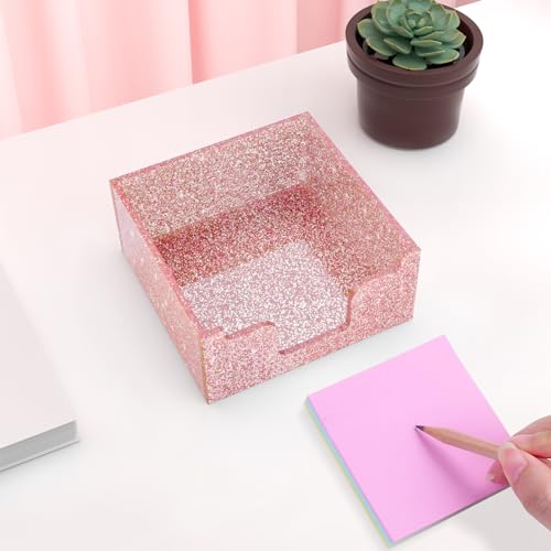 Rouidr Acrylic Sticky Note Holder - Rose Gold Glitter Memo Pad Dispenser
