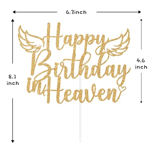 Happy Birthday in Heaven Cake Topper - Gold Glitter Memorial Decoration