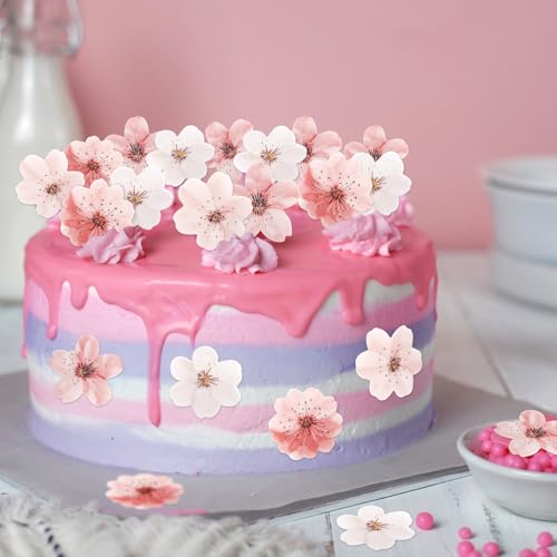 Atiloy Edible Cherry Blossoms Cupcake Toppers 50PCS Spring Cake Decorations