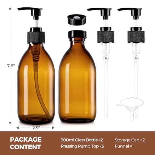 10 oz Amber Glass Pump Bottle Set - Refillable Lotion Dispenser