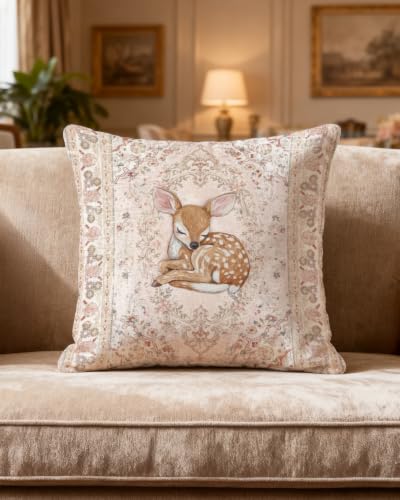 Sleeping Fawn Pillow Cover 18x18, Pink Woodland Floral Nursery Decor