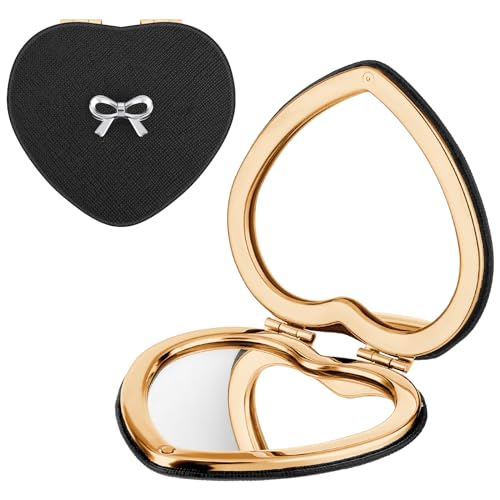 Qianyu Heart Shaped Compact Folding Makeup Mirror - Gold Glitter Pocket Mirror with 1X/2X Magnification
