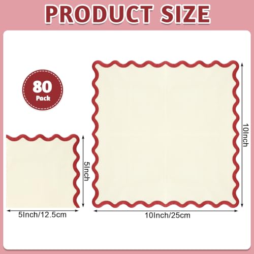 MyPartyCo Red & Ivory 3-Ply Cocktail Napkins - 80 Pack, Scalloped Edges, Party Supplies