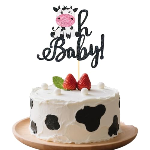 Cow Theme 'Oh Baby!' Cake Topper - Black Glitter Baby Shower Decoration