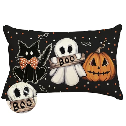 RABUSOFA Waterproof Halloween Ghost Lumbar Pillow Cover 12x20 Inch Black