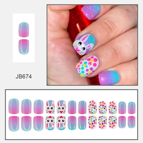 BHOOKA Easter Press on Nails Short Square Rabbit False Nails 24 Pcs