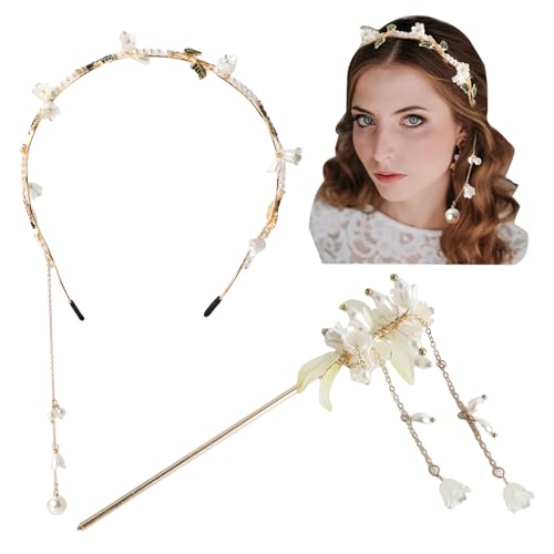 HLTOO Floral Headband and Hair Stick Set - Boho Gold Leaf Bridal Headpiece
