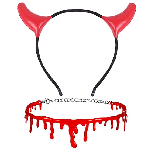 CBLUO Devil Horn Headband and Bloody Choker Necklace Halloween Costume Set