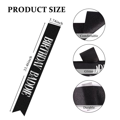 Exacoo Birthday Baddie Sash Black Satin with Silver Foil Lettering