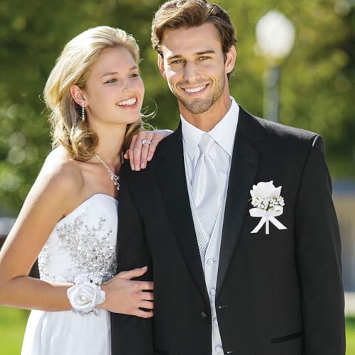 Artificial White Rose Corsage and Boutonniere Set for Wedding Prom