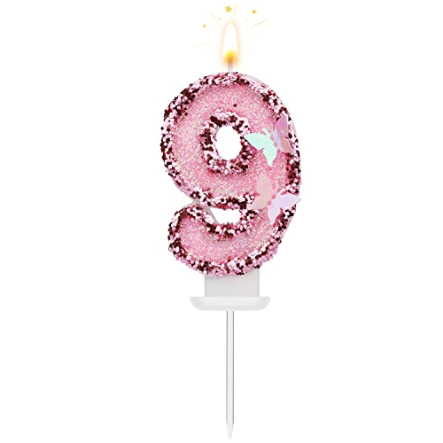Glitter Pink Butterfly Number 9 Birthday Candle for Cakes
