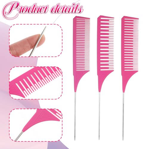 3PCS Professional Highlighting Combs with Stainless Steel Rat Tail - Pink Hair Dye Weaving Comb Set