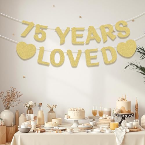 75th Birthday Banner - Pre-Strung Gold Glitter Party Decor