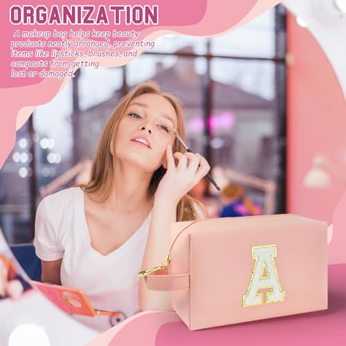 WEMVP Personalized Initial Makeup Bag with Handle Pink