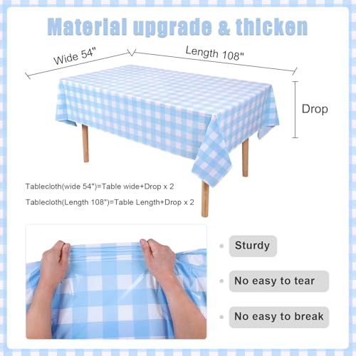 Sky Blue Checkered Tablecloths - 3 Pack 54 x 108 Inch Disposable